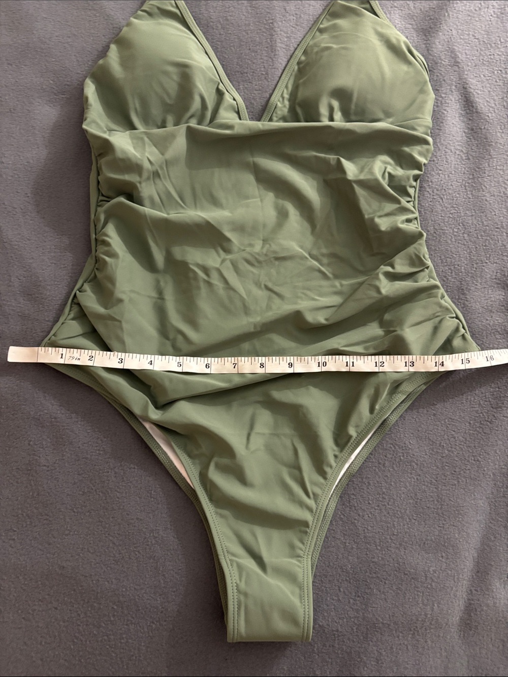 Women’s Olive Green One Piece Swimsuit Ruched V Neck Adjustable Straps Size L - Picture 3 of 5